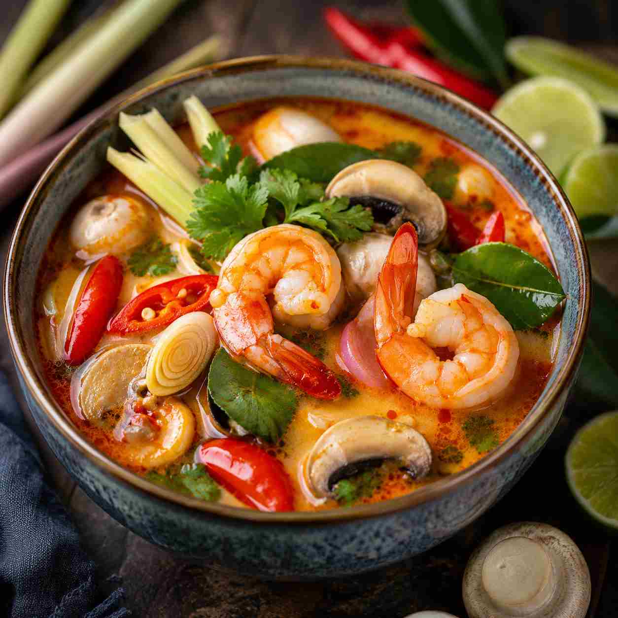 Tom Yum suppe med rejer, lime og chili