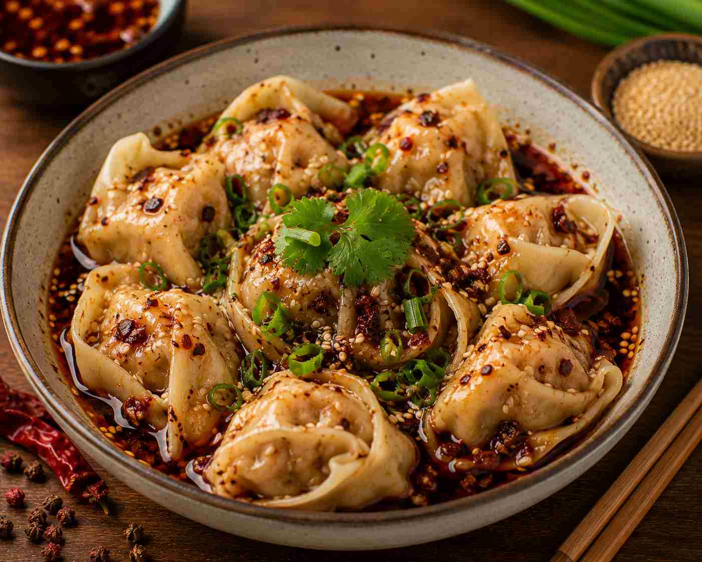 Sichuan chili wontons med stærk sauce