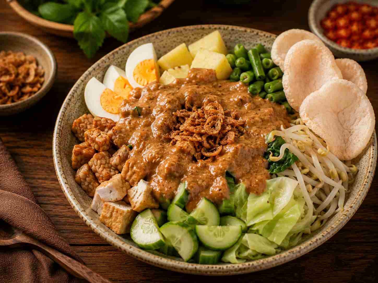 Gado-gado med grøntsager og peanutsauce