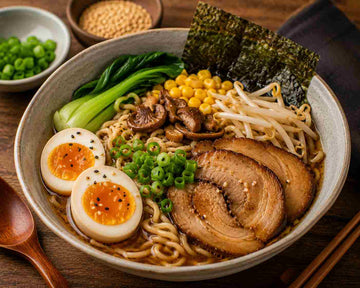 Ramen derhjemme med nudler og toppings