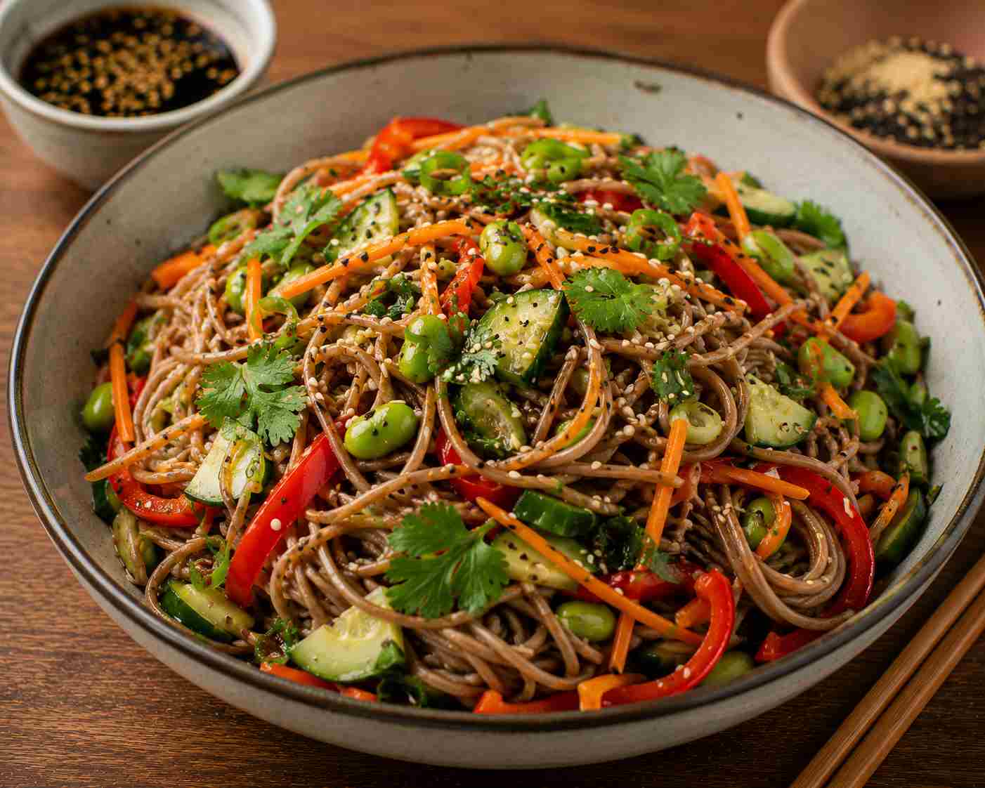 Soba nudelsalat med soja, sesam og grønt