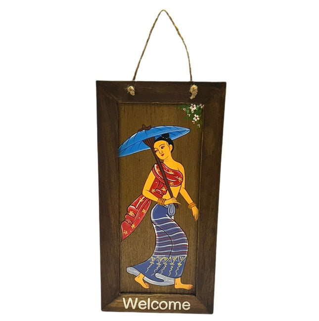 Kvinde Welcome Malet på Træ 16x36cm