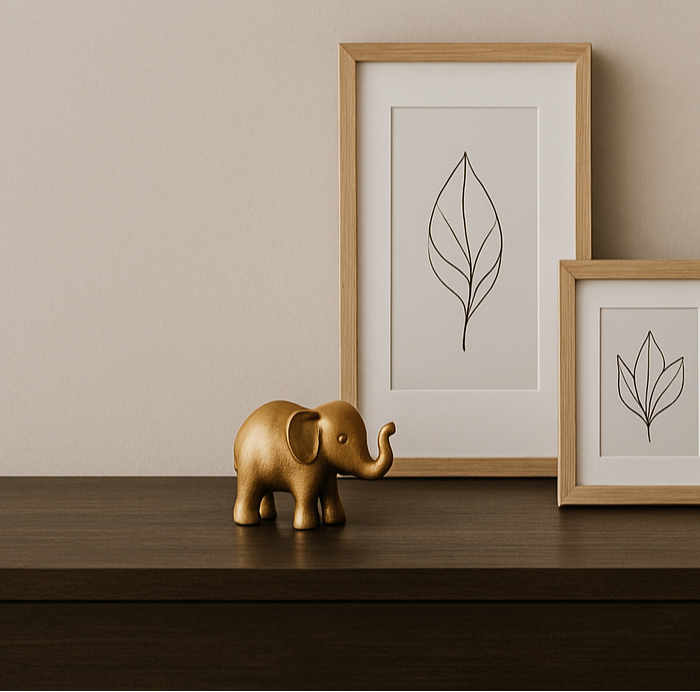 Decorative shelf with gold elephant, framed art, and Buddha statue against a beige wall.